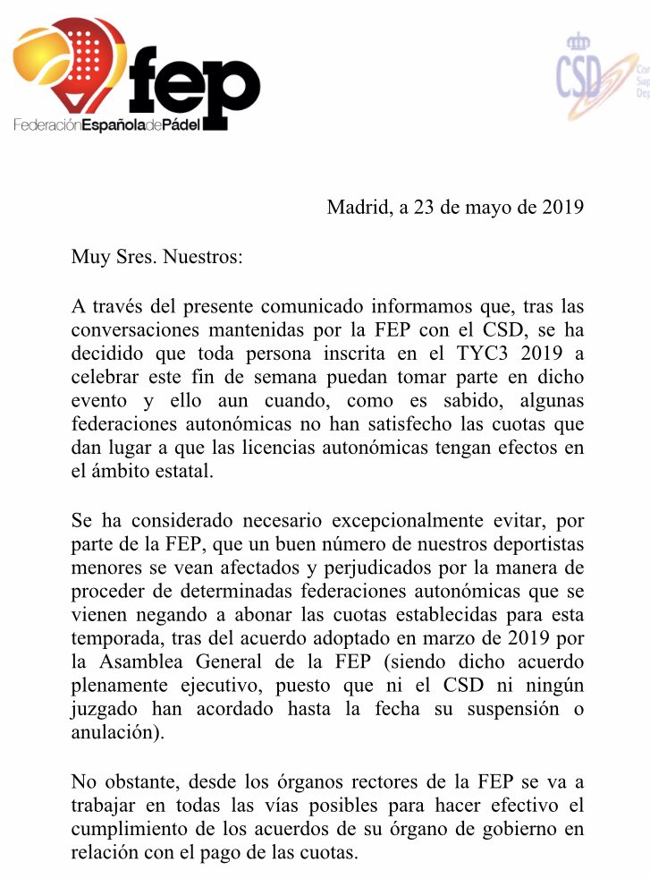 Primera parte de la nota de prensa oficial FEP mayo 2019