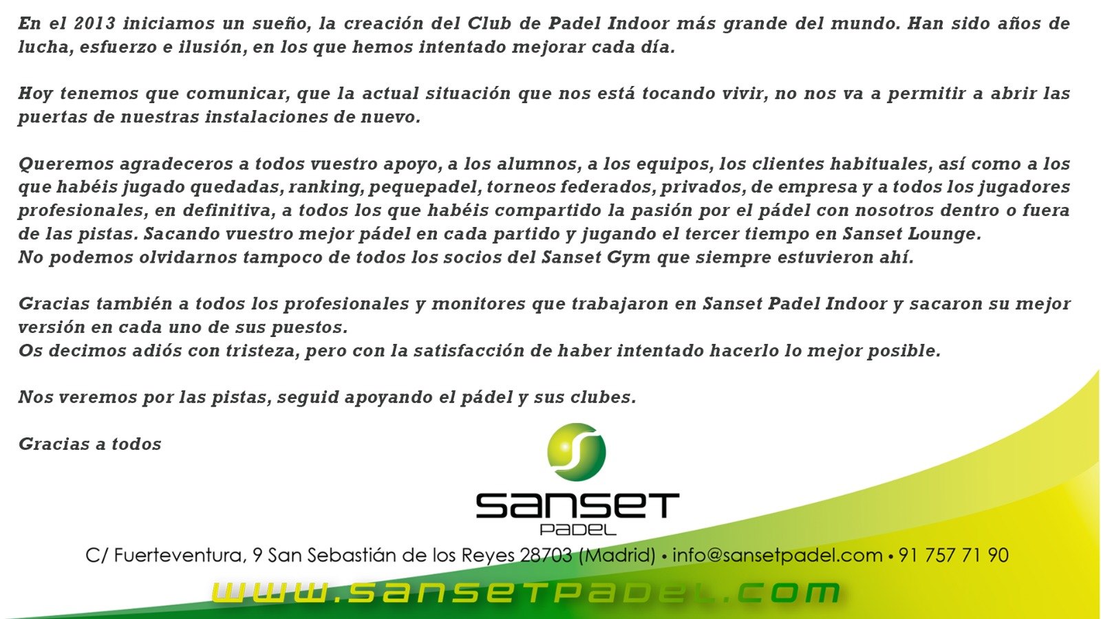Cierre Sanset Padel Indoor club pdel