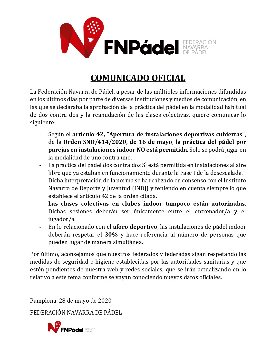 Carta Federacin Navarra de Pdel