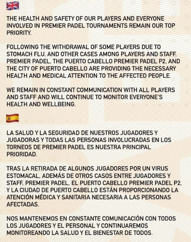 Comunicado Premier Padel salud Venezuela