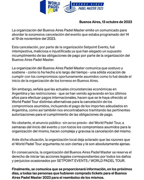 Anuncio oficial Buenos Aires Padel Master comunicado
