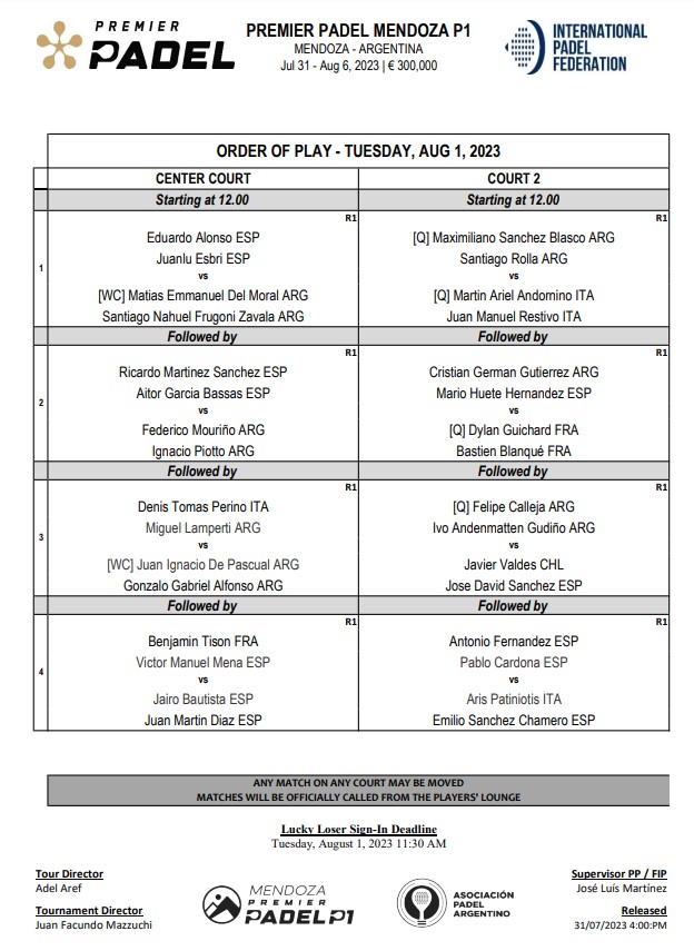 Orden de Juego mendoza Premier Padel martes 1 de agosto 2023