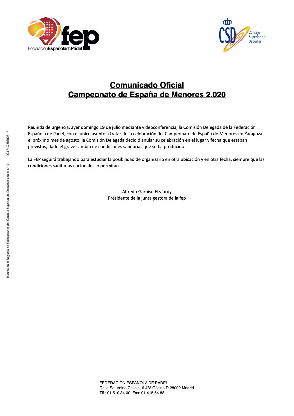 Oficial: suspendido el Campeonato de España de Menores 1 Comunicado FEP Cto España Menores 2020