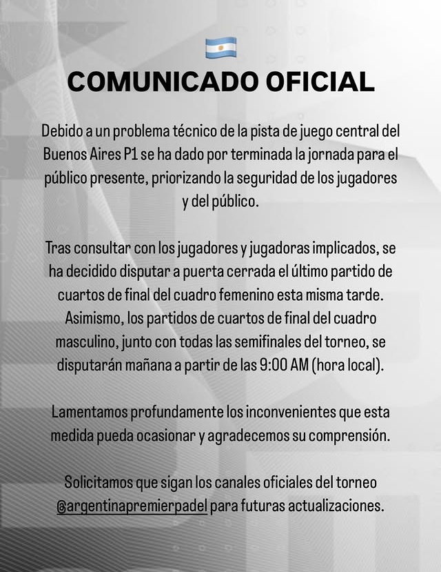 Comunicado oficial Premier Padel Buenos Aires 2025