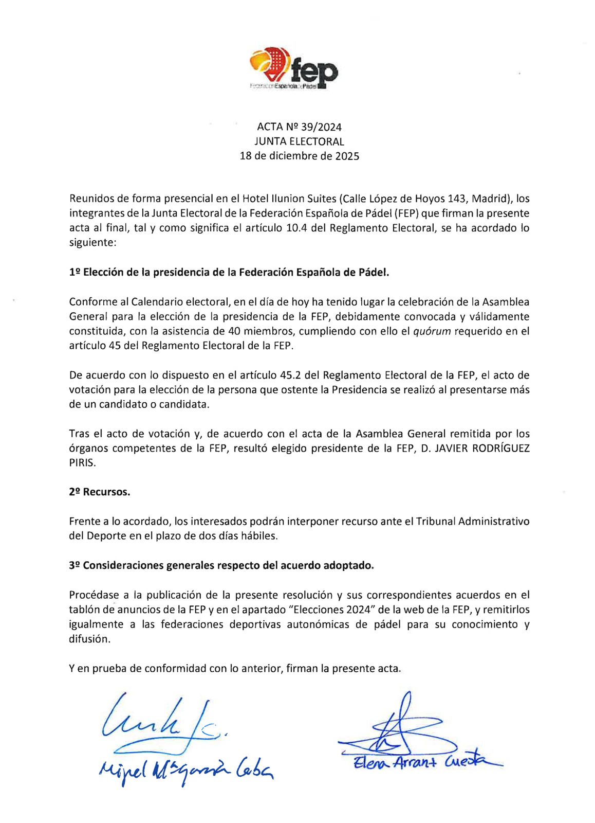 Acta electoral elecciones FEP