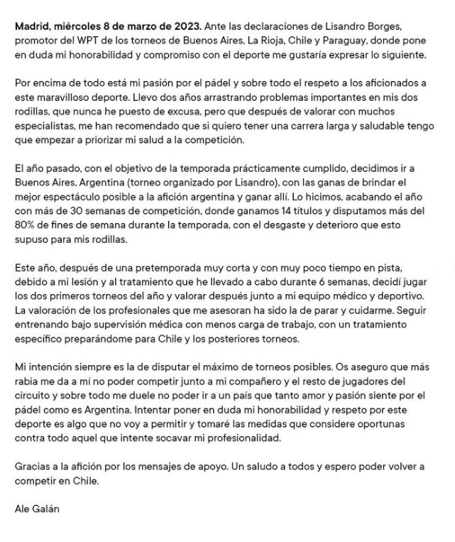 Comunicado Ale galán respuesta Lisandro Borges 2023