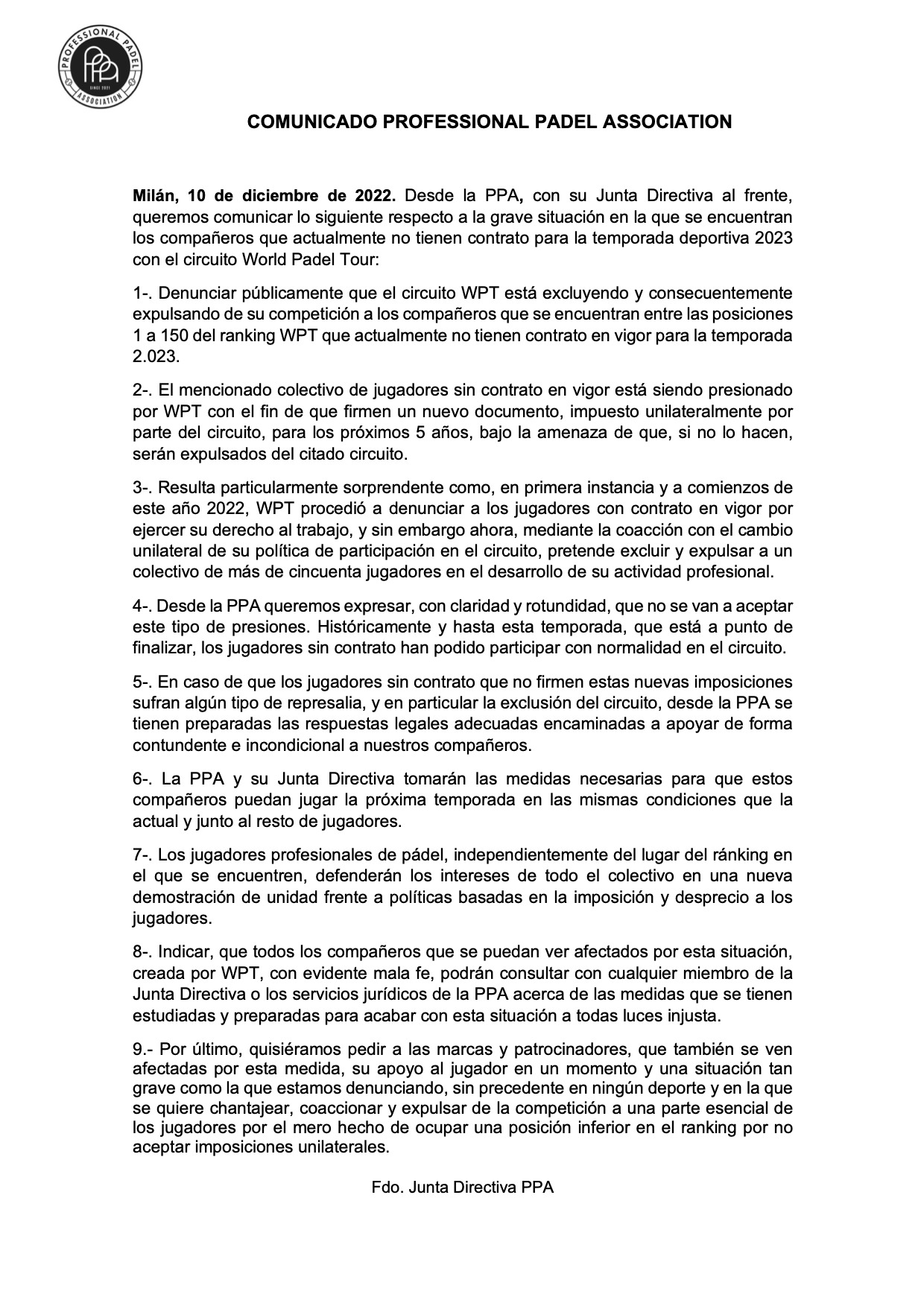 Comunicado oficial RRSS PadelSpain