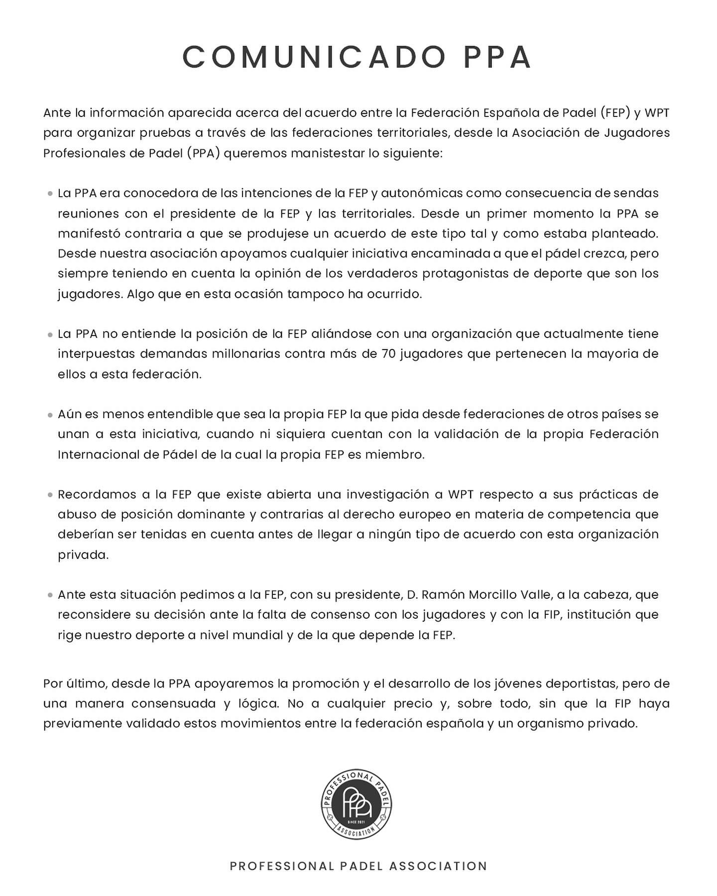 Comunicado PPA jugadores circuito formación WPT