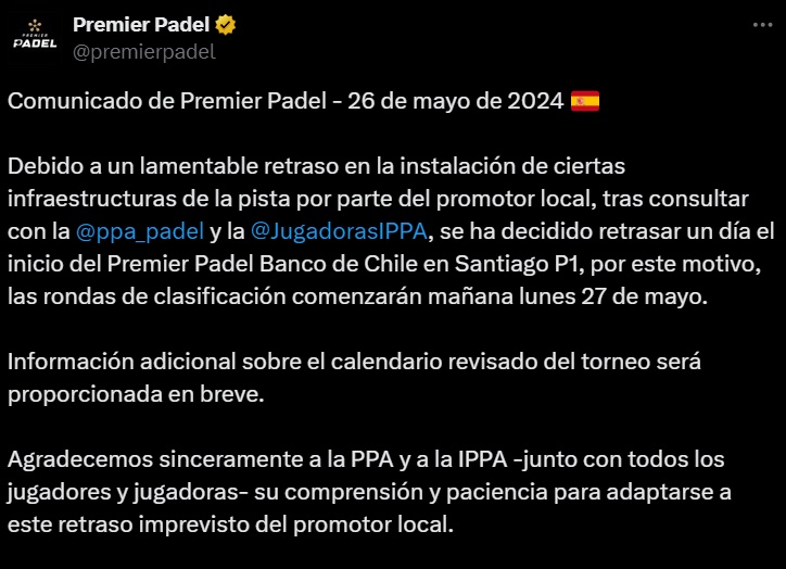 Comunicado Premier Padel pistas Chile 2024