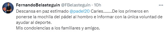 Post Fernando Belasteguín fallecimiento Carles Prat